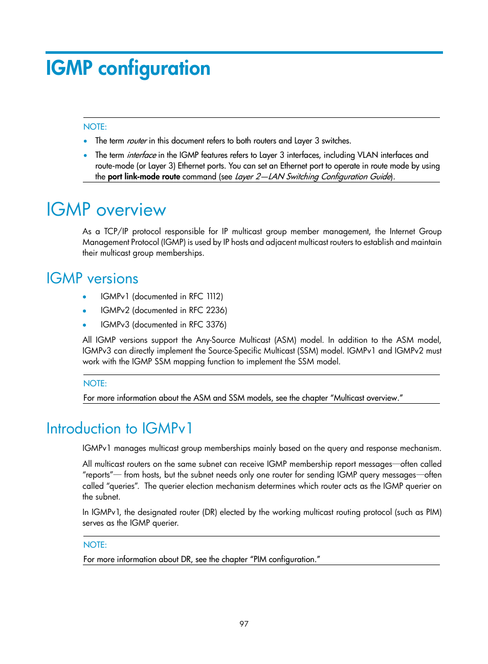 Igmp configuration, Igmp overview, Igmp versions | Introduction to igmpv1 | H3C Technologies H3C S10500 Series Switches User Manual | Page 112 / 467