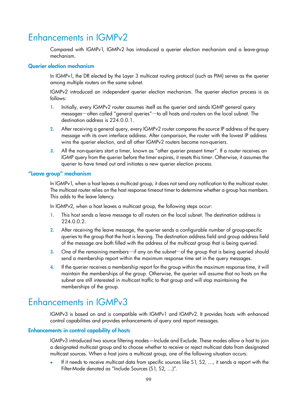 Enhancements in igmpv2, Querier election mechanism, Leave group” mechanism | Enhancements in igmpv3, Enhancements in control capability of hosts | H3C Technologies H3C S10500 Series Switches User Manual | Page 114 / 467