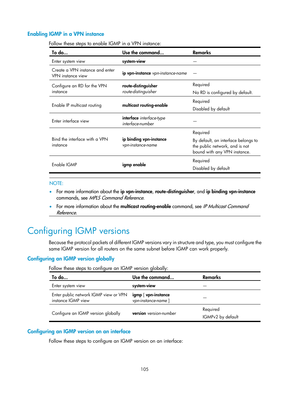 Enabling igmp in a vpn instance, Configuring igmp versions, Configuring an igmp version globally | Configuring an igmp version on an interface | H3C Technologies H3C S10500 Series Switches User Manual | Page 120 / 467