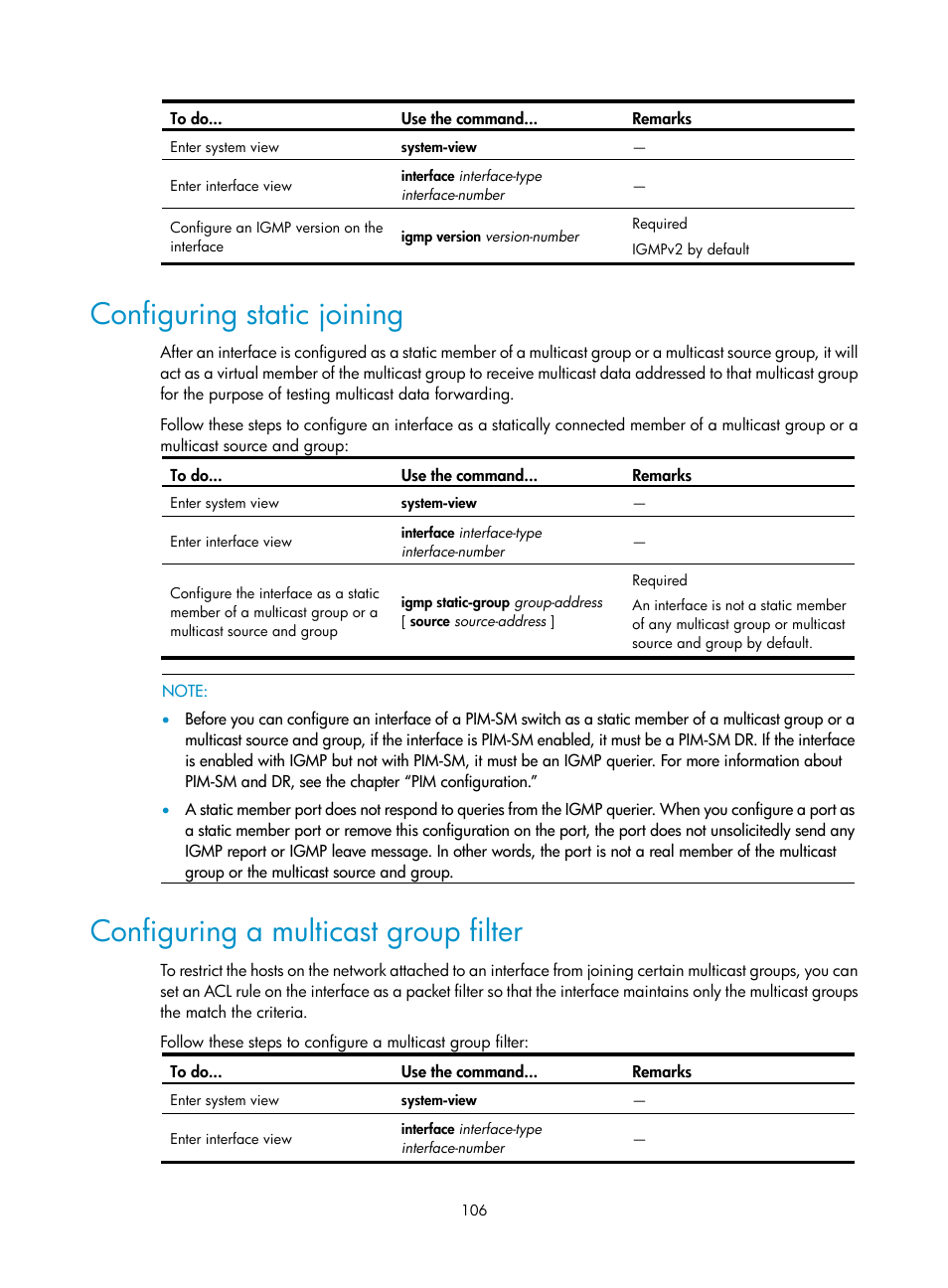 Configuring static joining, Configuring a multicast group filter | H3C Technologies H3C S10500 Series Switches User Manual | Page 121 / 467