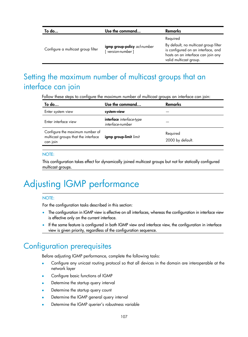 Adjusting igmp performance, Configuration prerequisites | H3C Technologies H3C S10500 Series Switches User Manual | Page 122 / 467