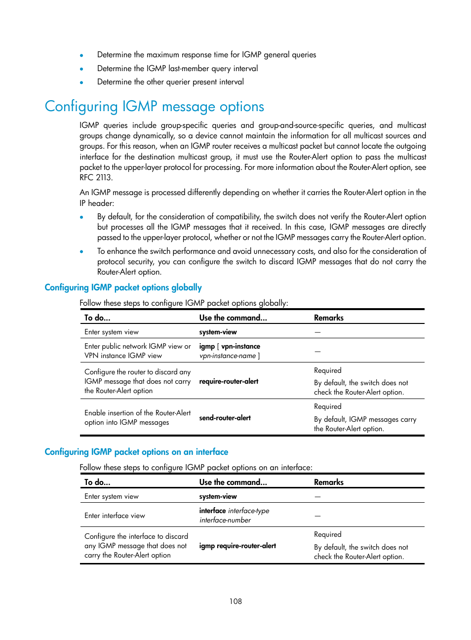 Configuring igmp message options, Configuring igmp packet options globally, Configuring igmp packet options on an interface | H3C Technologies H3C S10500 Series Switches User Manual | Page 123 / 467