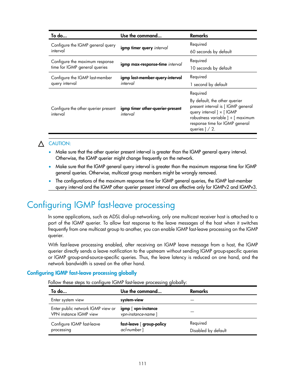 Configuring igmp fast-leave processing, Configuring igmp fast-leave processing globally | H3C Technologies H3C S10500 Series Switches User Manual | Page 126 / 467