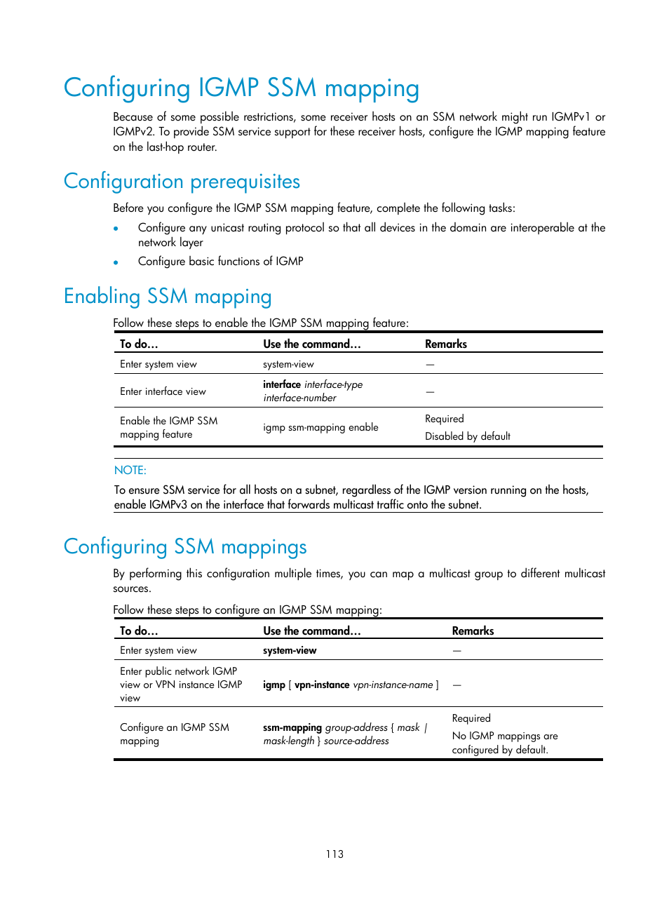 Configuring igmp ssm mapping, Configuration prerequisites, Enabling ssm mapping | Configuring ssm mappings | H3C Technologies H3C S10500 Series Switches User Manual | Page 128 / 467