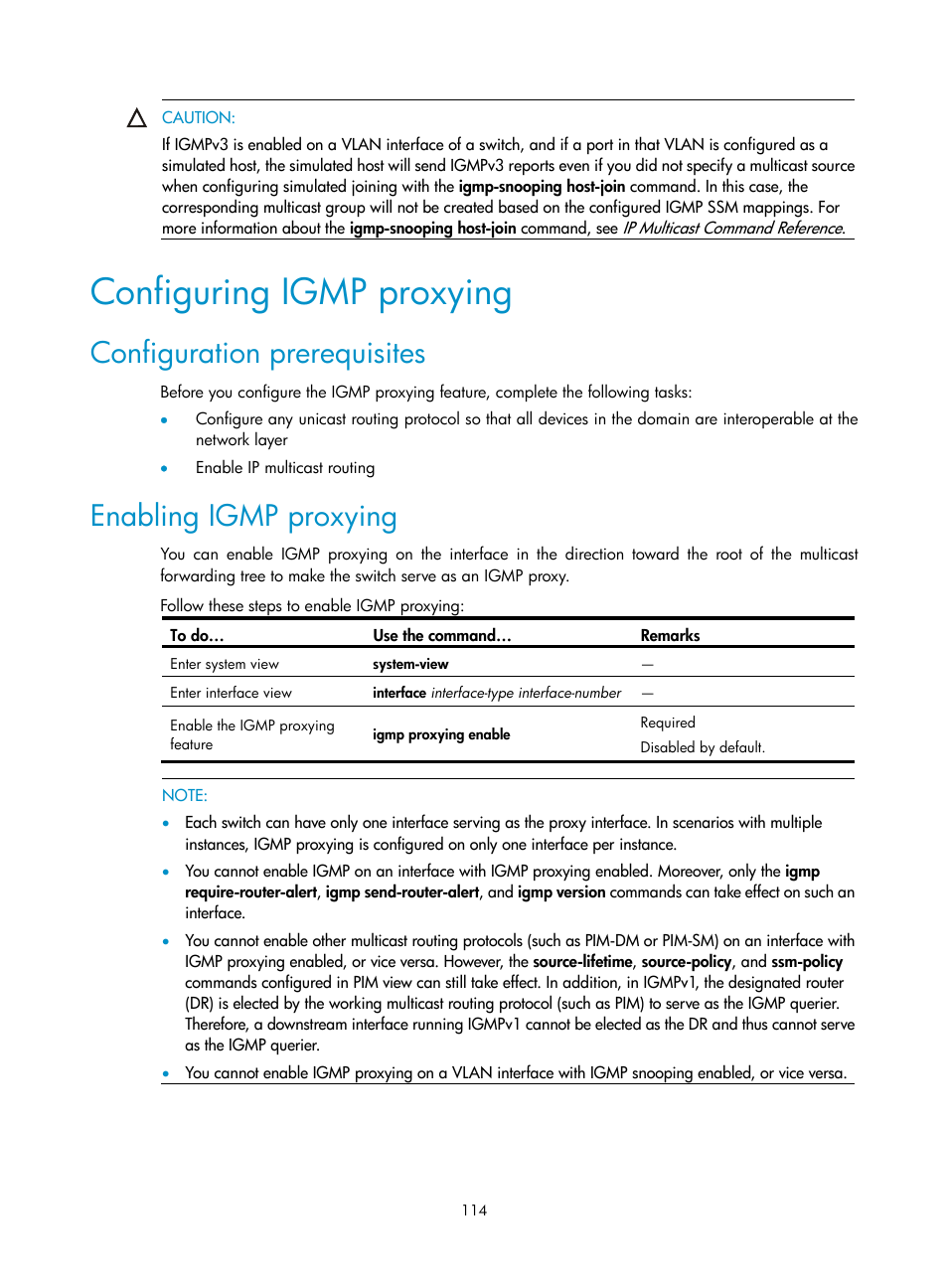 Configuring igmp proxying, Configuration prerequisites, Enabling igmp proxying | H3C Technologies H3C S10500 Series Switches User Manual | Page 129 / 467