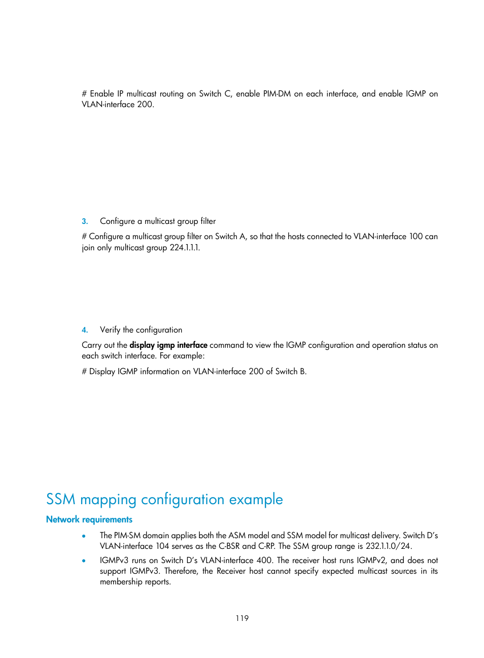 Ssm mapping configuration example, Network requirements | H3C Technologies H3C S10500 Series Switches User Manual | Page 134 / 467