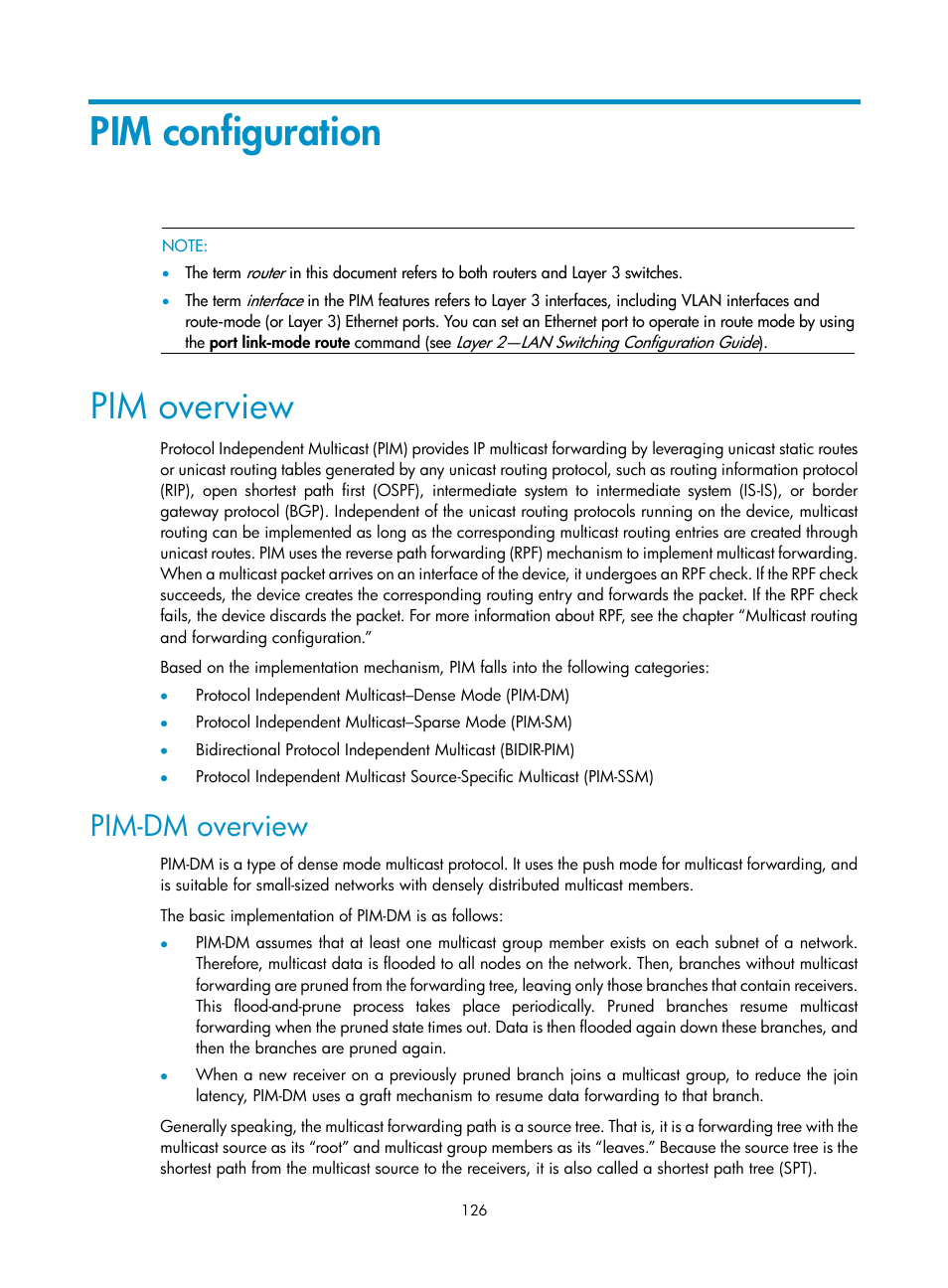 Pim configuration, Pim overview, Pim-dm overview | H3C Technologies H3C S10500 Series Switches User Manual | Page 141 / 467