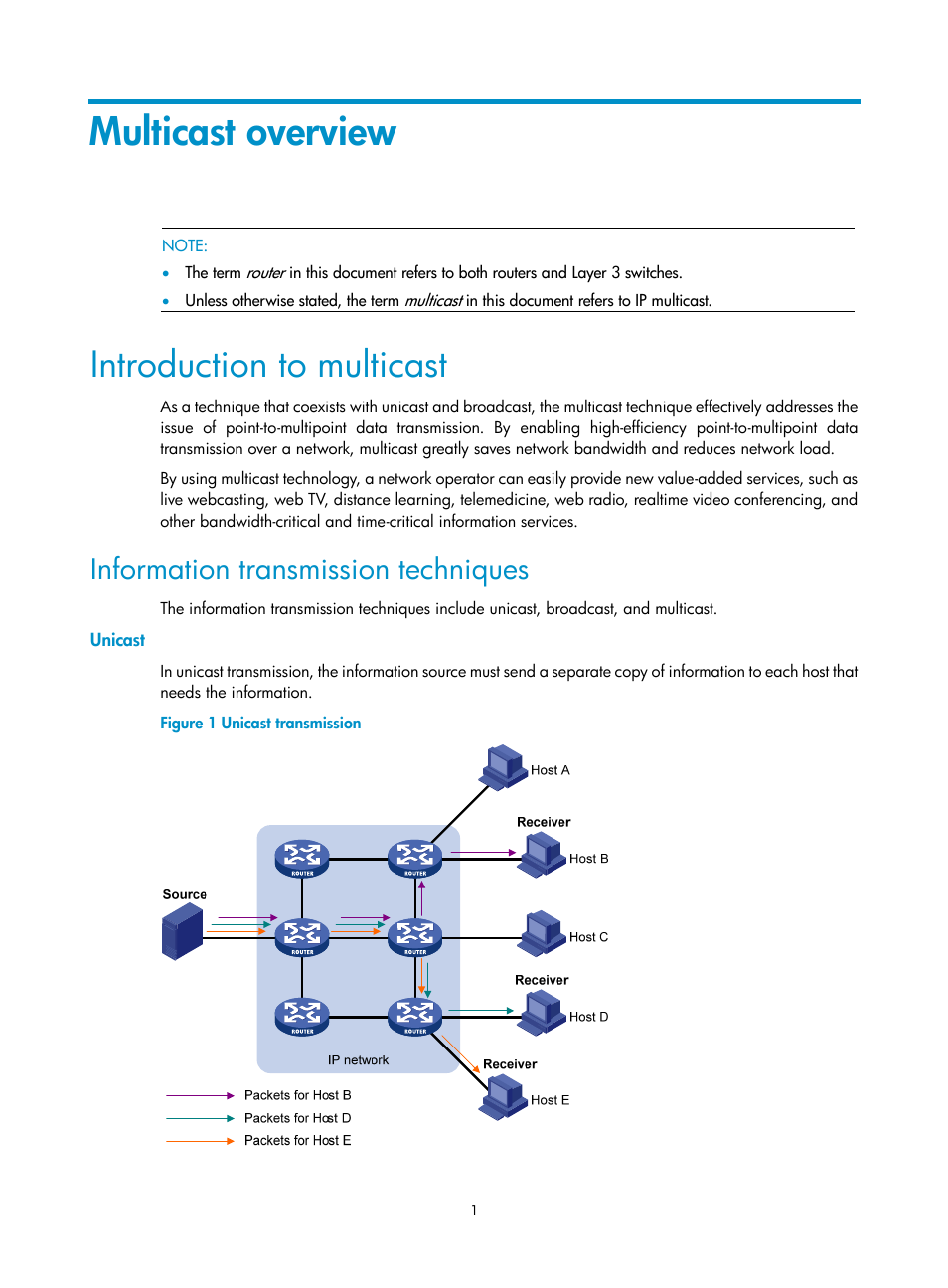 Multicast overview, Introduction to multicast, Information transmission techniques | Unicast | H3C Technologies H3C S10500 Series Switches User Manual | Page 16 / 467