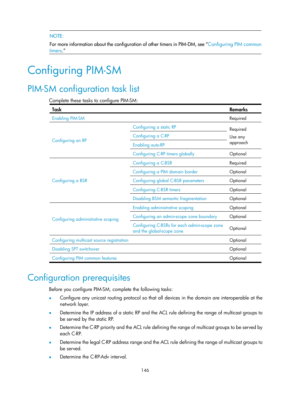 Configuring pim-sm, Pim-sm configuration task list, Configuration prerequisites | H3C Technologies H3C S10500 Series Switches User Manual | Page 161 / 467