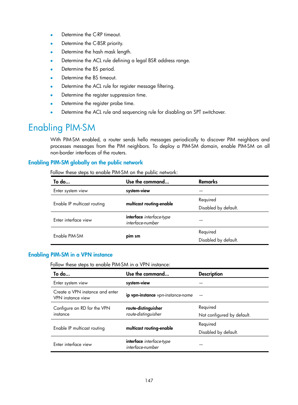 Enabling pim-sm, Enabling pim-sm globally on the public network, Enabling pim-sm in a vpn instance | H3C Technologies H3C S10500 Series Switches User Manual | Page 162 / 467