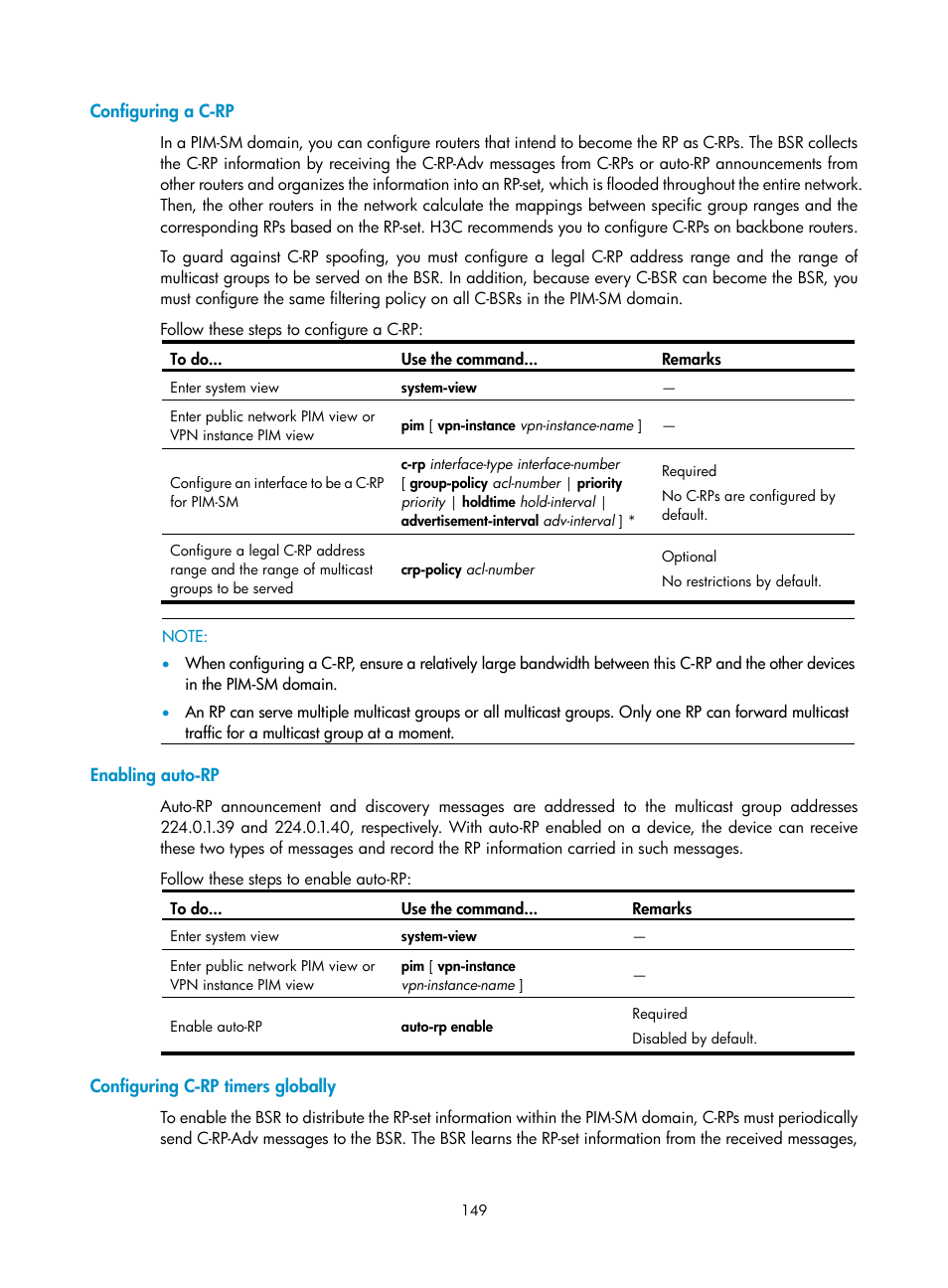 Configuring a c-rp, Enabling auto-rp, Configuring c-rp timers globally | H3C Technologies H3C S10500 Series Switches User Manual | Page 164 / 467