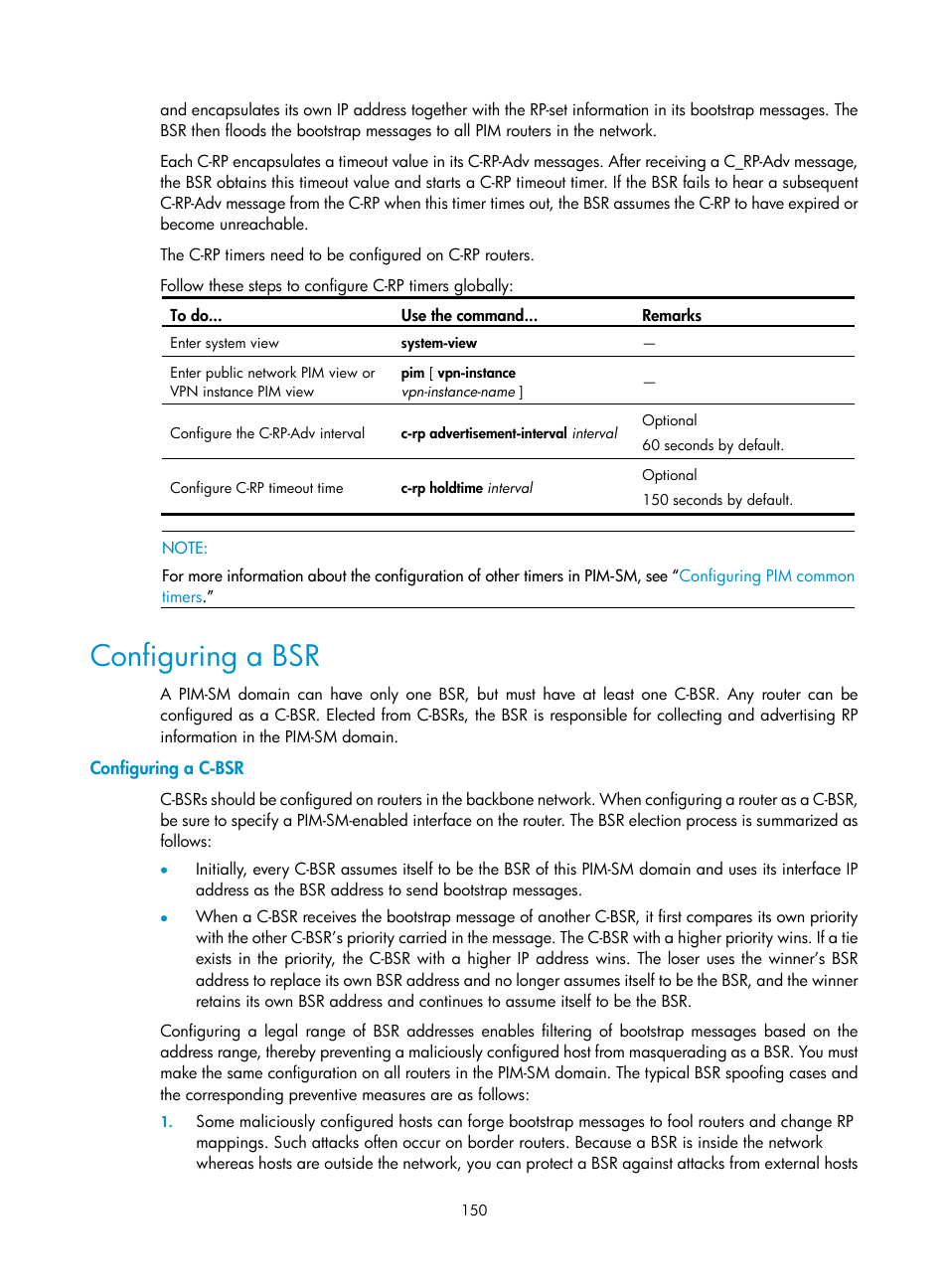 Configuring a bsr, Configuring a c-bsr | H3C Technologies H3C S10500 Series Switches User Manual | Page 165 / 467