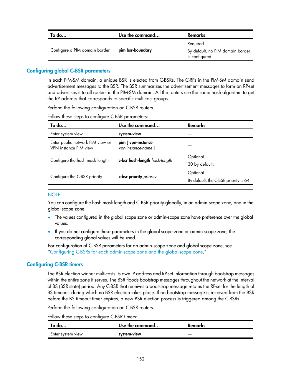 Configuring global c-bsr parameters, Configuring c-bsr timers | H3C Technologies H3C S10500 Series Switches User Manual | Page 167 / 467