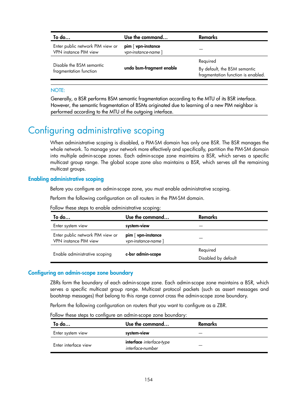 Configuring administrative scoping, Enabling administrative scoping, Configuring an admin-scope zone boundary | H3C Technologies H3C S10500 Series Switches User Manual | Page 169 / 467