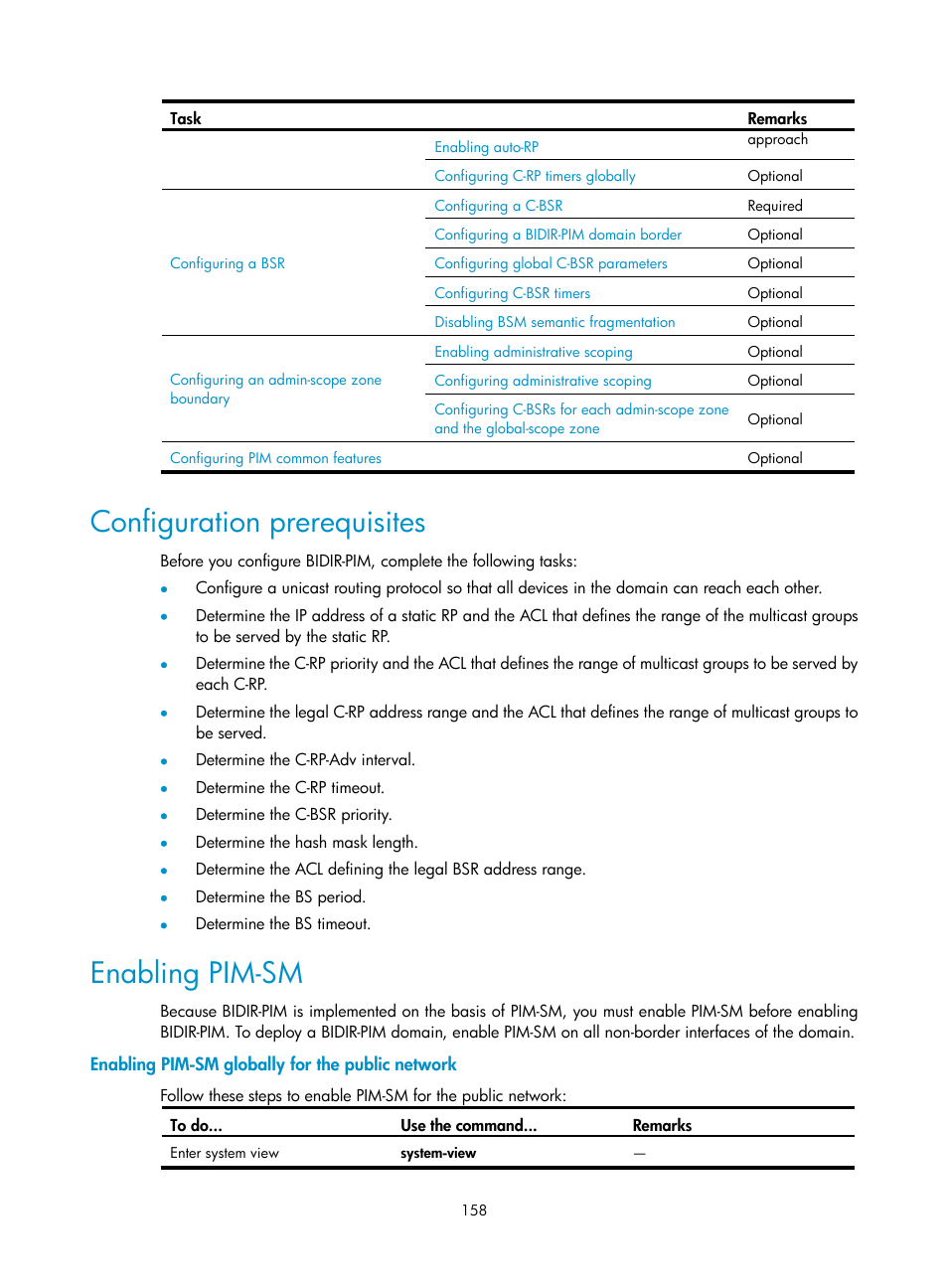 Configuration prerequisites, Enabling pim-sm, Enabling pim-sm globally for the public network | H3C Technologies H3C S10500 Series Switches User Manual | Page 173 / 467