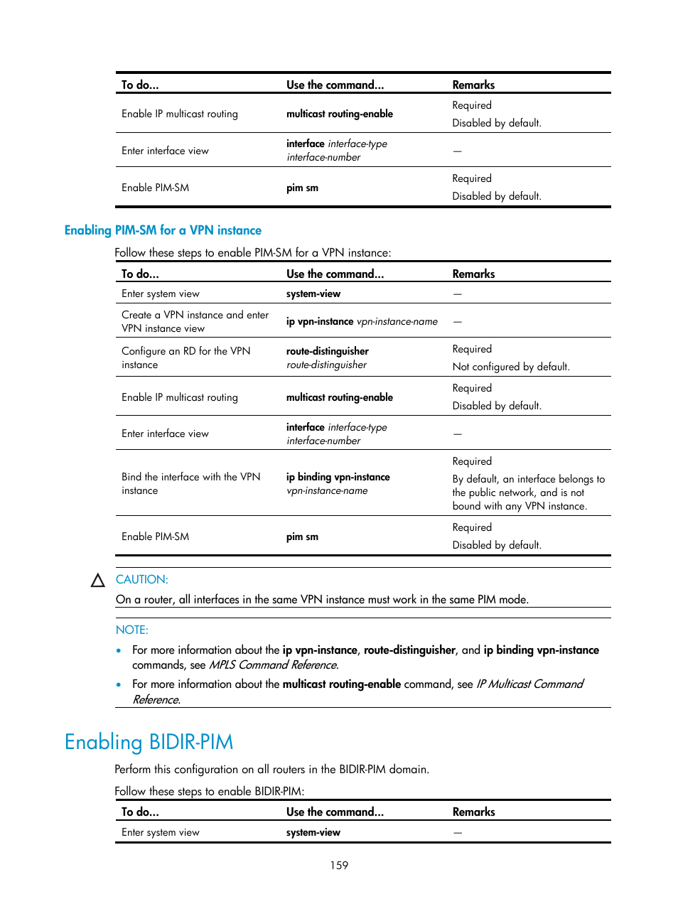 Enabling pim-sm for a vpn instance, Enabling bidir-pim | H3C Technologies H3C S10500 Series Switches User Manual | Page 174 / 467