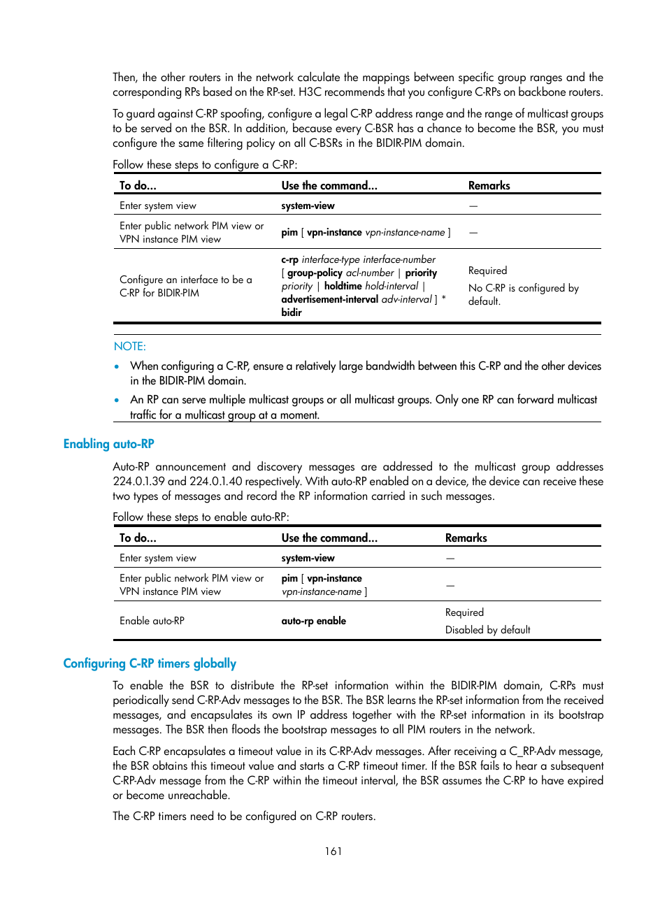 Enabling auto-rp, Configuring c-rp timers globally | H3C Technologies H3C S10500 Series Switches User Manual | Page 176 / 467