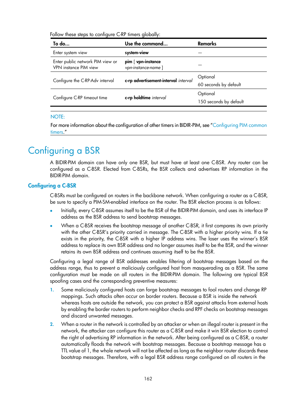 Configuring a bsr, Configuring a c-bsr | H3C Technologies H3C S10500 Series Switches User Manual | Page 177 / 467