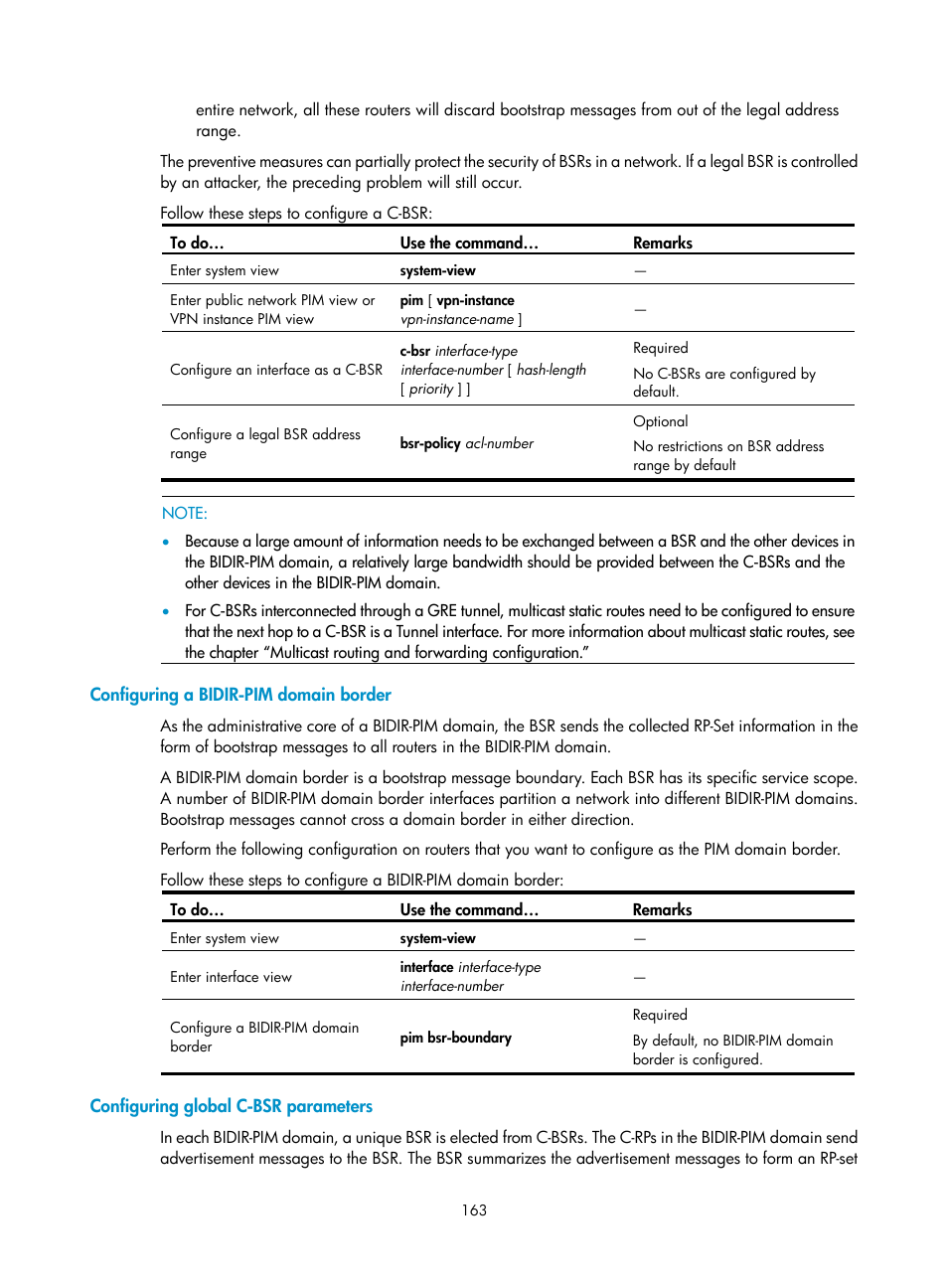 Configuring a bidir-pim domain border, Configuring global c-bsr parameters | H3C Technologies H3C S10500 Series Switches User Manual | Page 178 / 467
