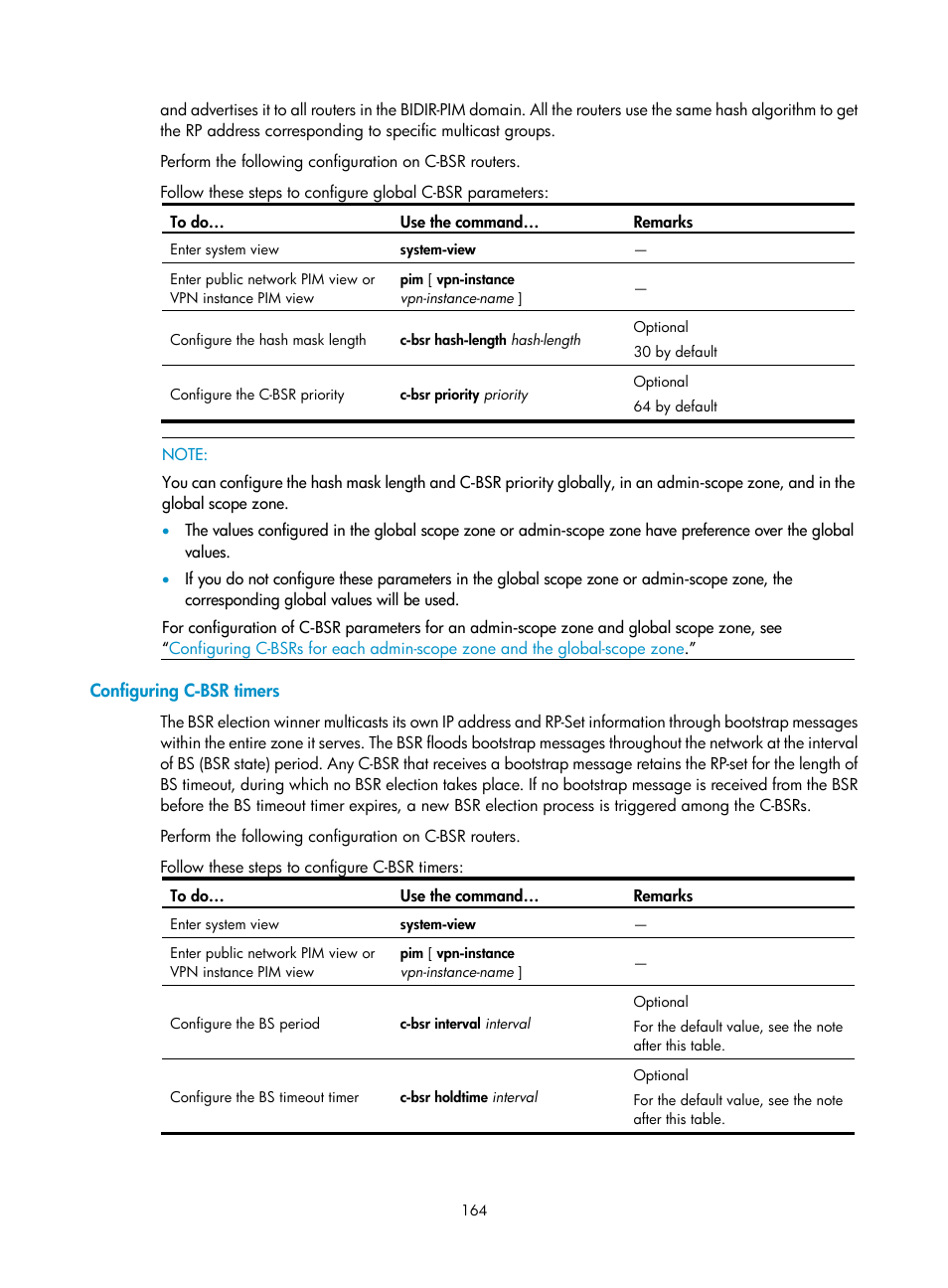 Configuring c-bsr timers | H3C Technologies H3C S10500 Series Switches User Manual | Page 179 / 467