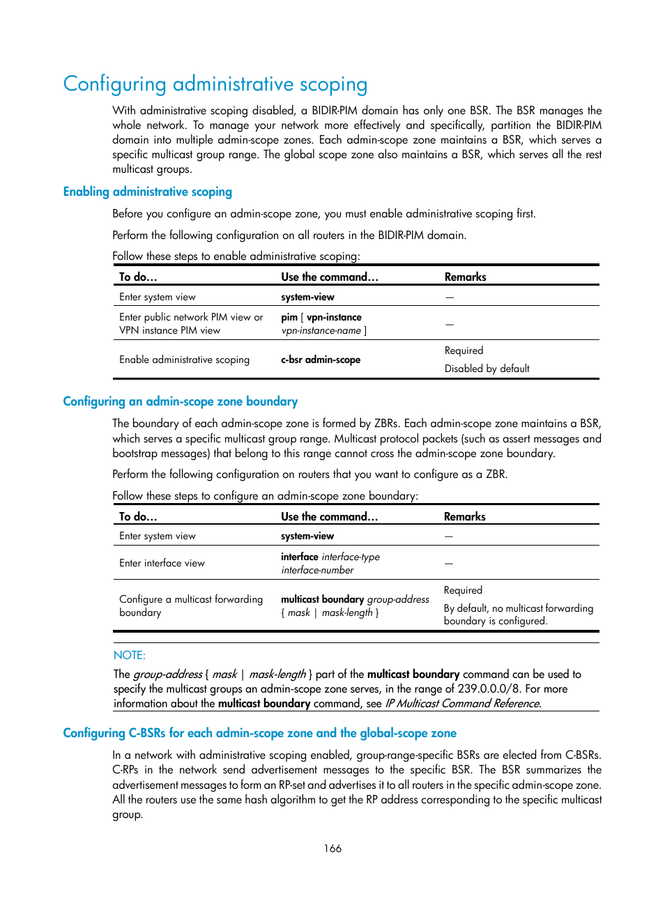 Configuring administrative scoping, Enabling administrative scoping, Configuring an admin-scope zone boundary | H3C Technologies H3C S10500 Series Switches User Manual | Page 181 / 467