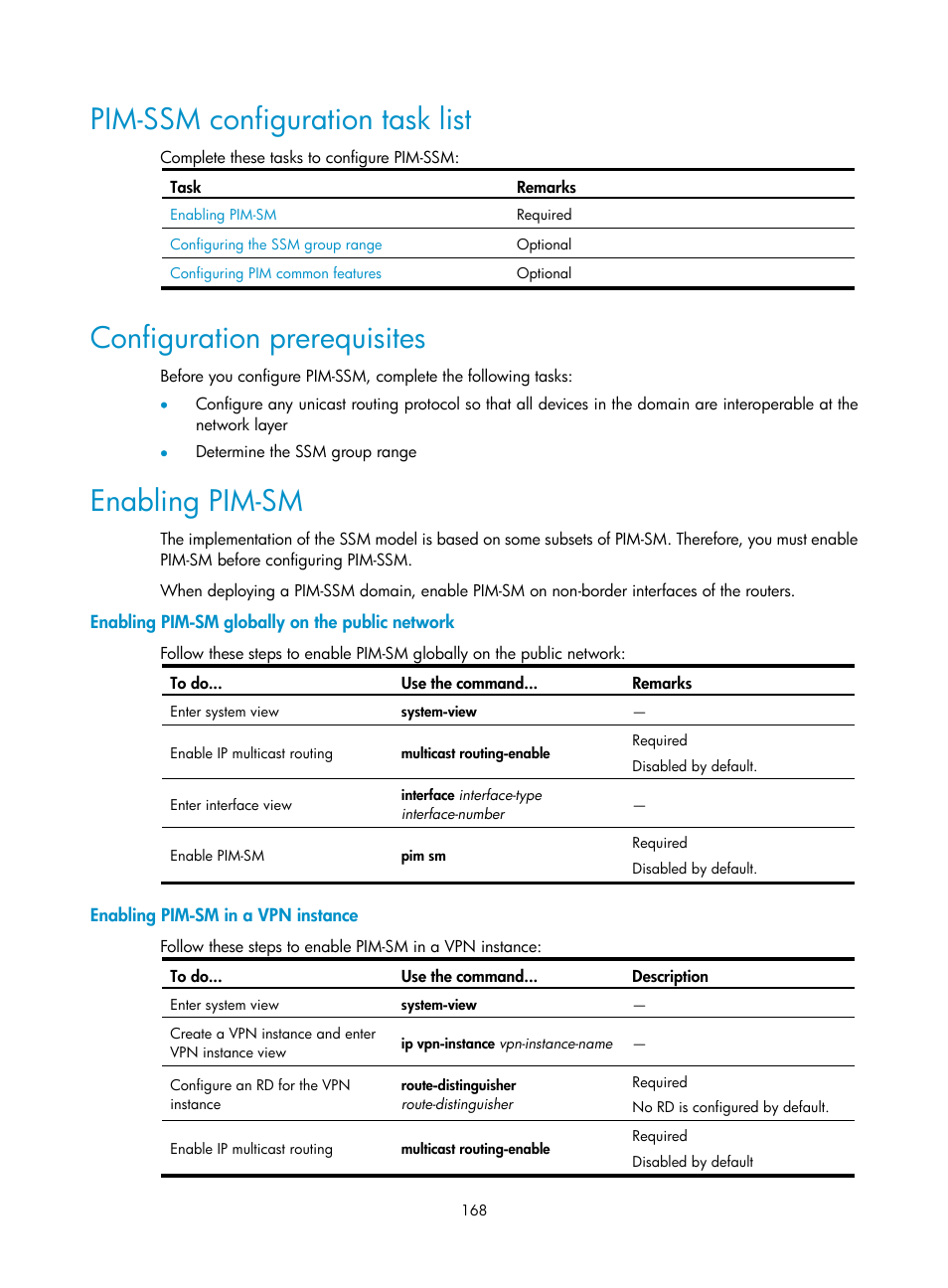 Pim-ssm configuration task list, Configuration prerequisites, Enabling pim-sm | Enabling pim-sm globally on the public network, Enabling pim-sm in a vpn instance | H3C Technologies H3C S10500 Series Switches User Manual | Page 183 / 467