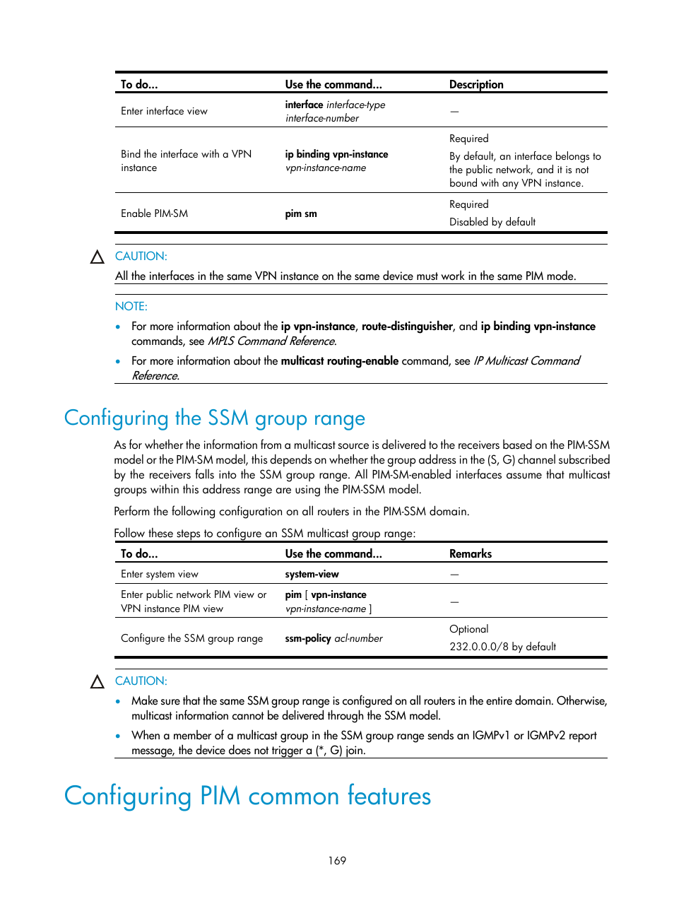 Configuring the ssm group range, Configuring pim common features | H3C Technologies H3C S10500 Series Switches User Manual | Page 184 / 467