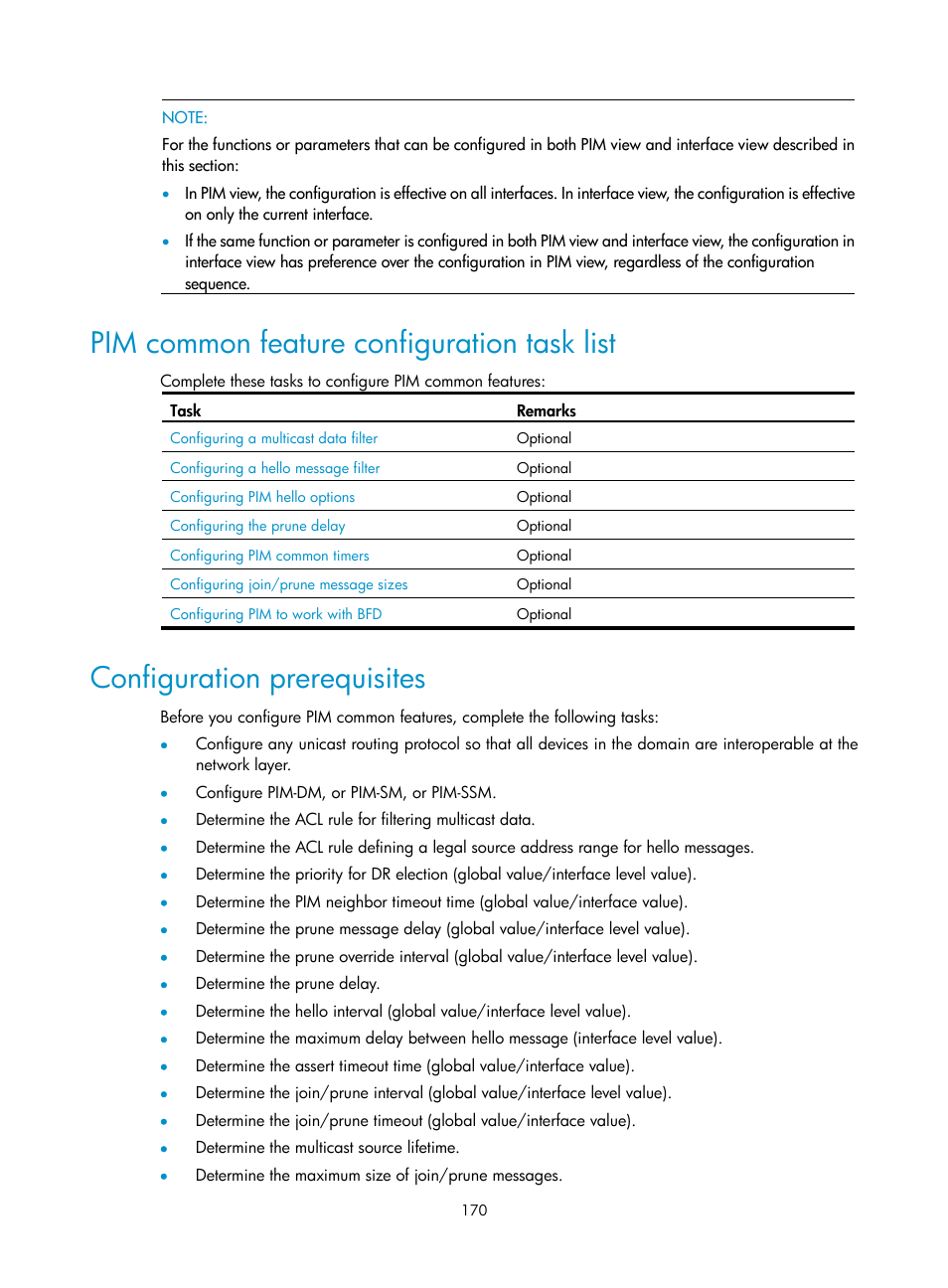 Pim common feature configuration task list, Configuration prerequisites | H3C Technologies H3C S10500 Series Switches User Manual | Page 185 / 467