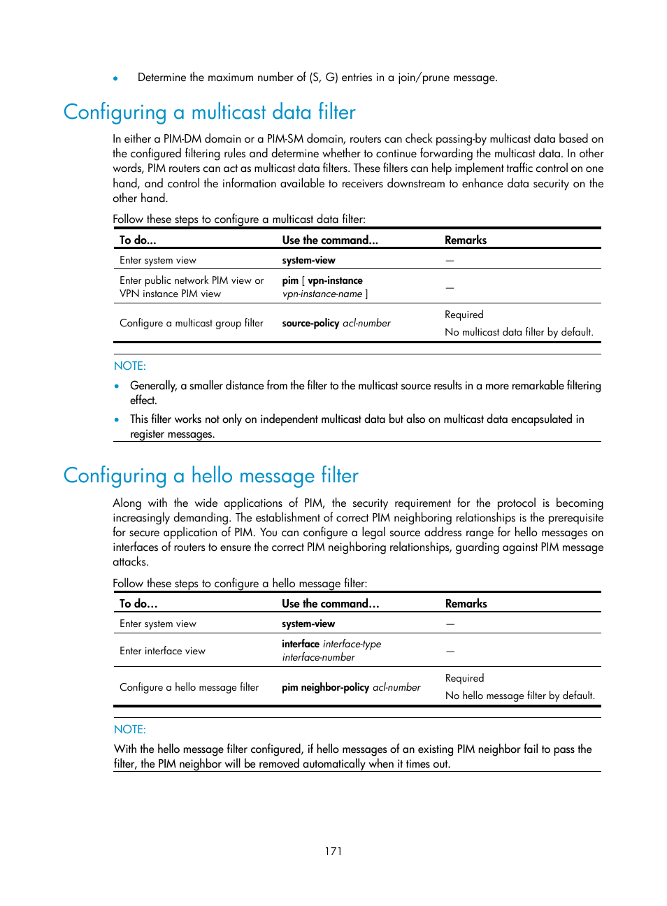 Configuring a multicast data filter, Configuring a hello message filter | H3C Technologies H3C S10500 Series Switches User Manual | Page 186 / 467