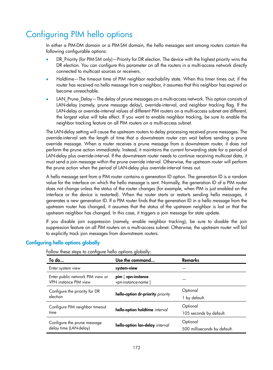 Configuring pim hello options, Configuring hello options globally | H3C Technologies H3C S10500 Series Switches User Manual | Page 187 / 467