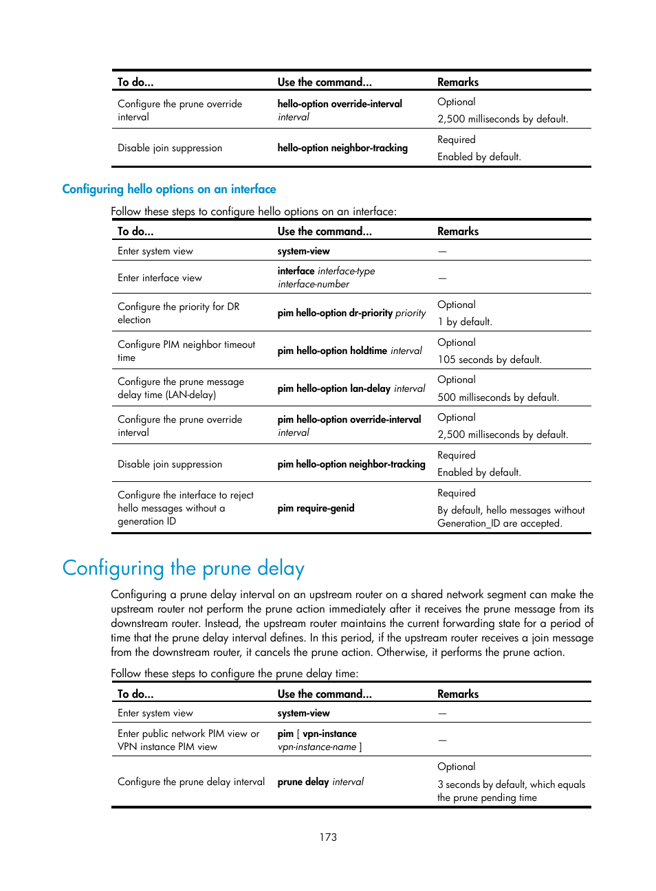 Configuring hello options on an interface, Configuring the prune delay | H3C Technologies H3C S10500 Series Switches User Manual | Page 188 / 467
