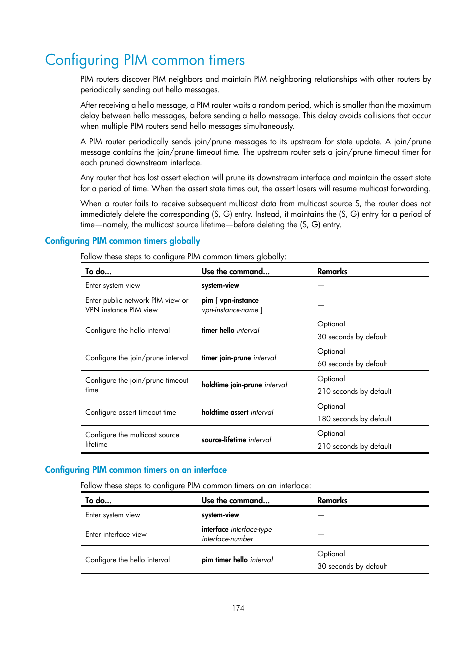 Configuring pim common timers, Configuring pim common timers globally, Configuring pim common timers on an interface | Rs in pim-dm, see, Configuring pim common, Timers | H3C Technologies H3C S10500 Series Switches User Manual | Page 189 / 467