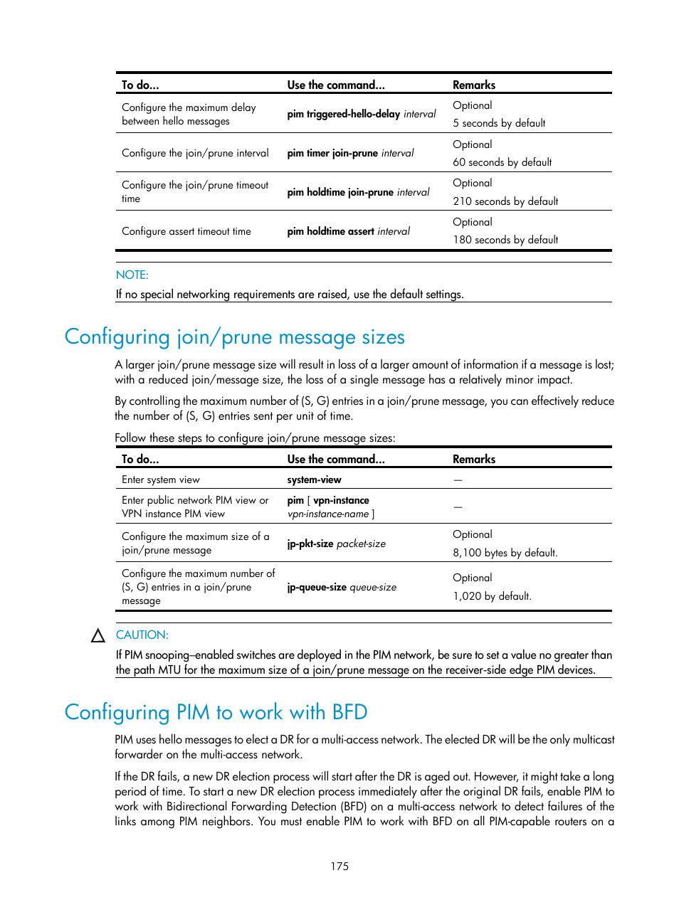 Configuring join/prune message sizes, Configuring pim to work with bfd | H3C Technologies H3C S10500 Series Switches User Manual | Page 190 / 467