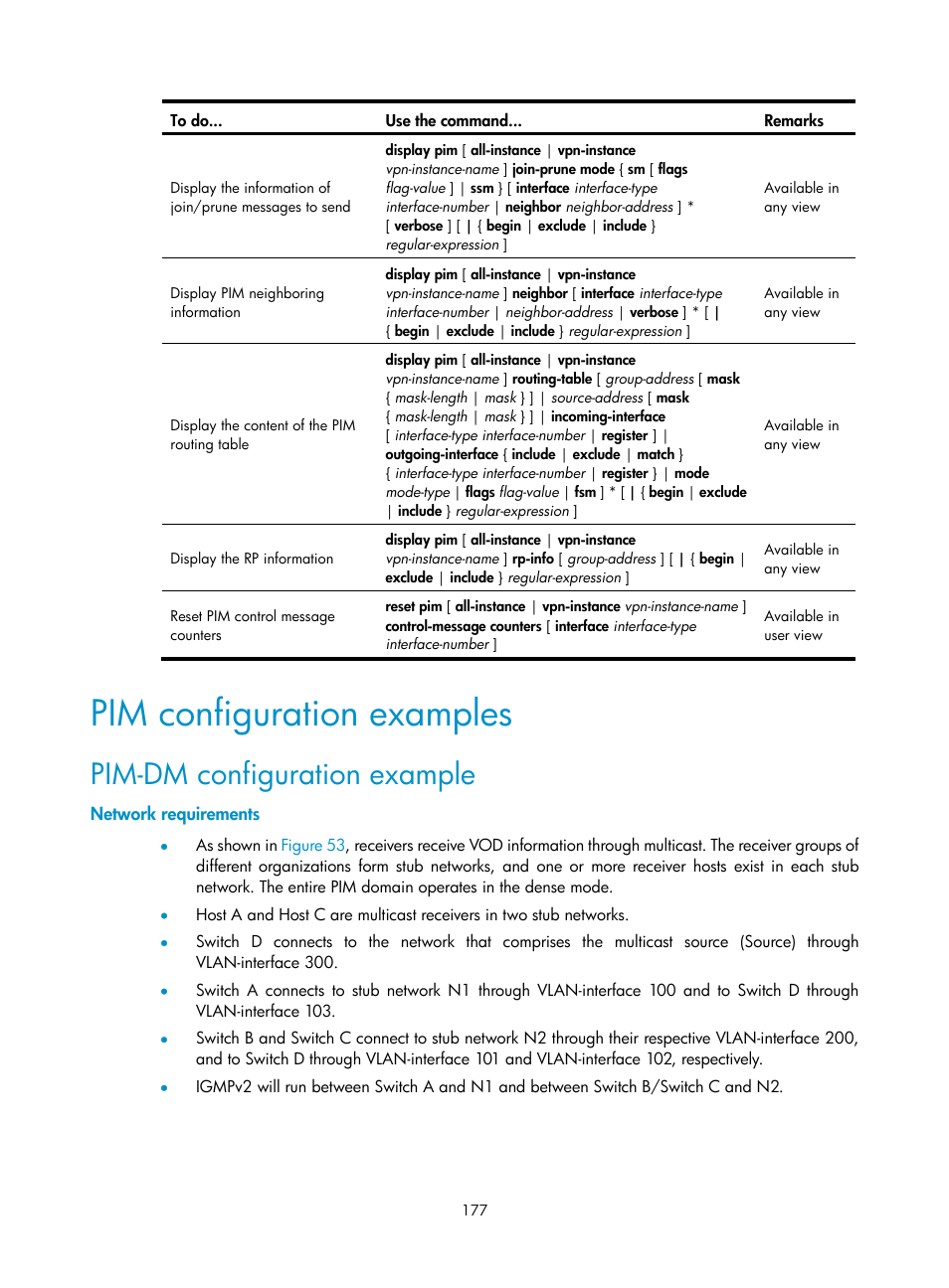 Pim configuration examples, Pim-dm configuration example, Network requirements | H3C Technologies H3C S10500 Series Switches User Manual | Page 192 / 467