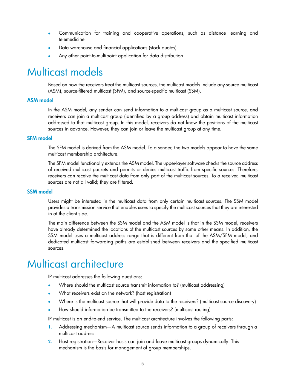 Multicast models, Asm model, Sfm model | Ssm model, Multicast architecture | H3C Technologies H3C S10500 Series Switches User Manual | Page 20 / 467