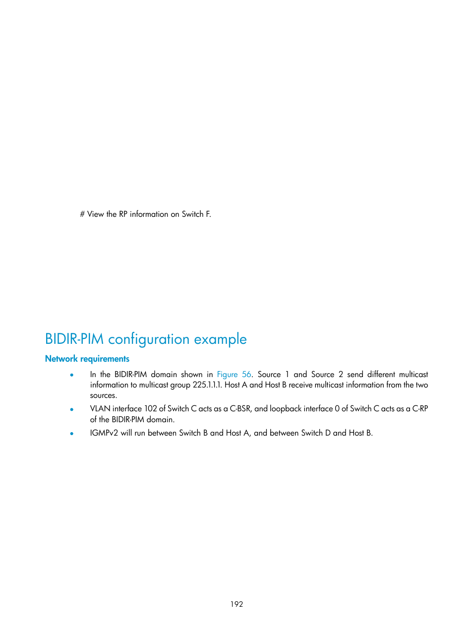 Bidir-pim configuration example, Network requirements | H3C Technologies H3C S10500 Series Switches User Manual | Page 207 / 467