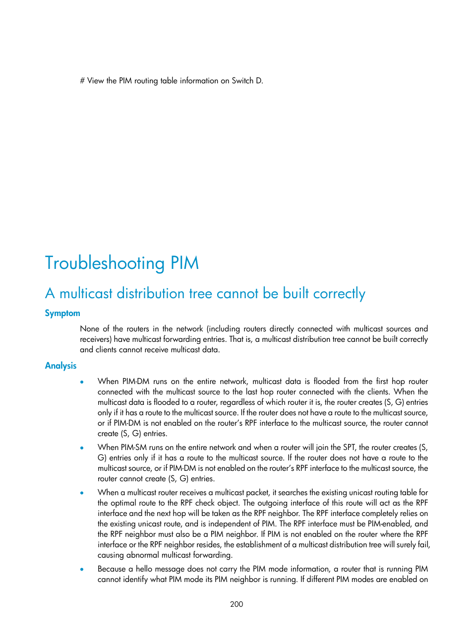 Troubleshooting pim, Symptom, Analysis | H3C Technologies H3C S10500 Series Switches User Manual | Page 215 / 467