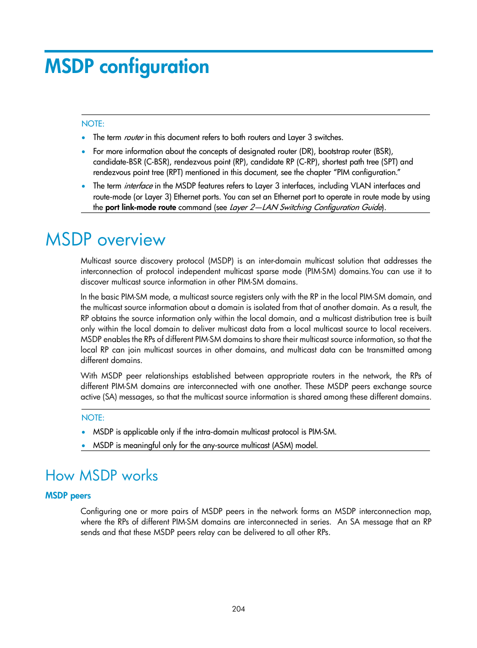 Msdp configuration, Msdp overview, How msdp works | Msdp peers | H3C Technologies H3C S10500 Series Switches User Manual | Page 219 / 467