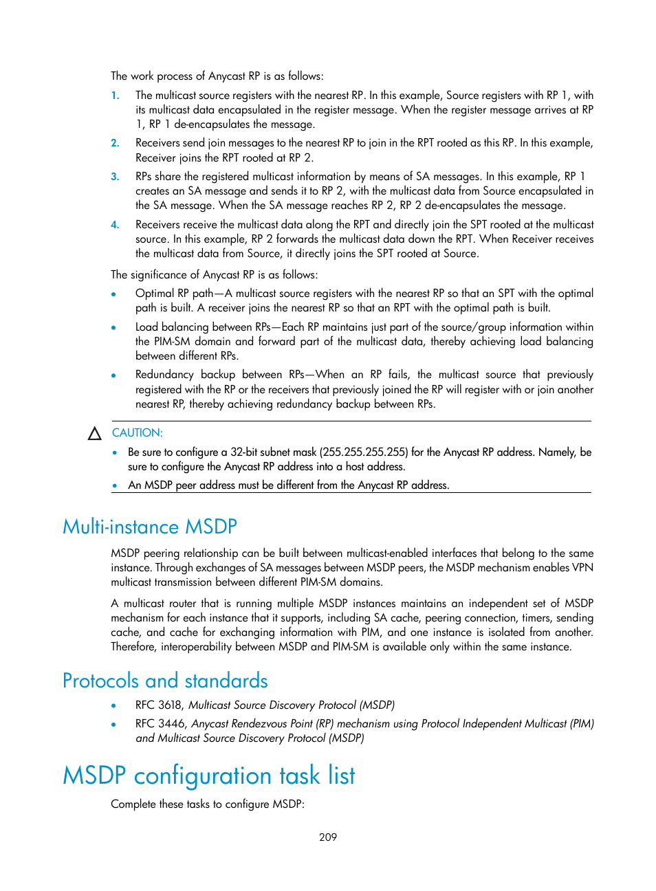 Multi-instance msdp, Protocols and standards, Msdp configuration task list | H3C Technologies H3C S10500 Series Switches User Manual | Page 224 / 467