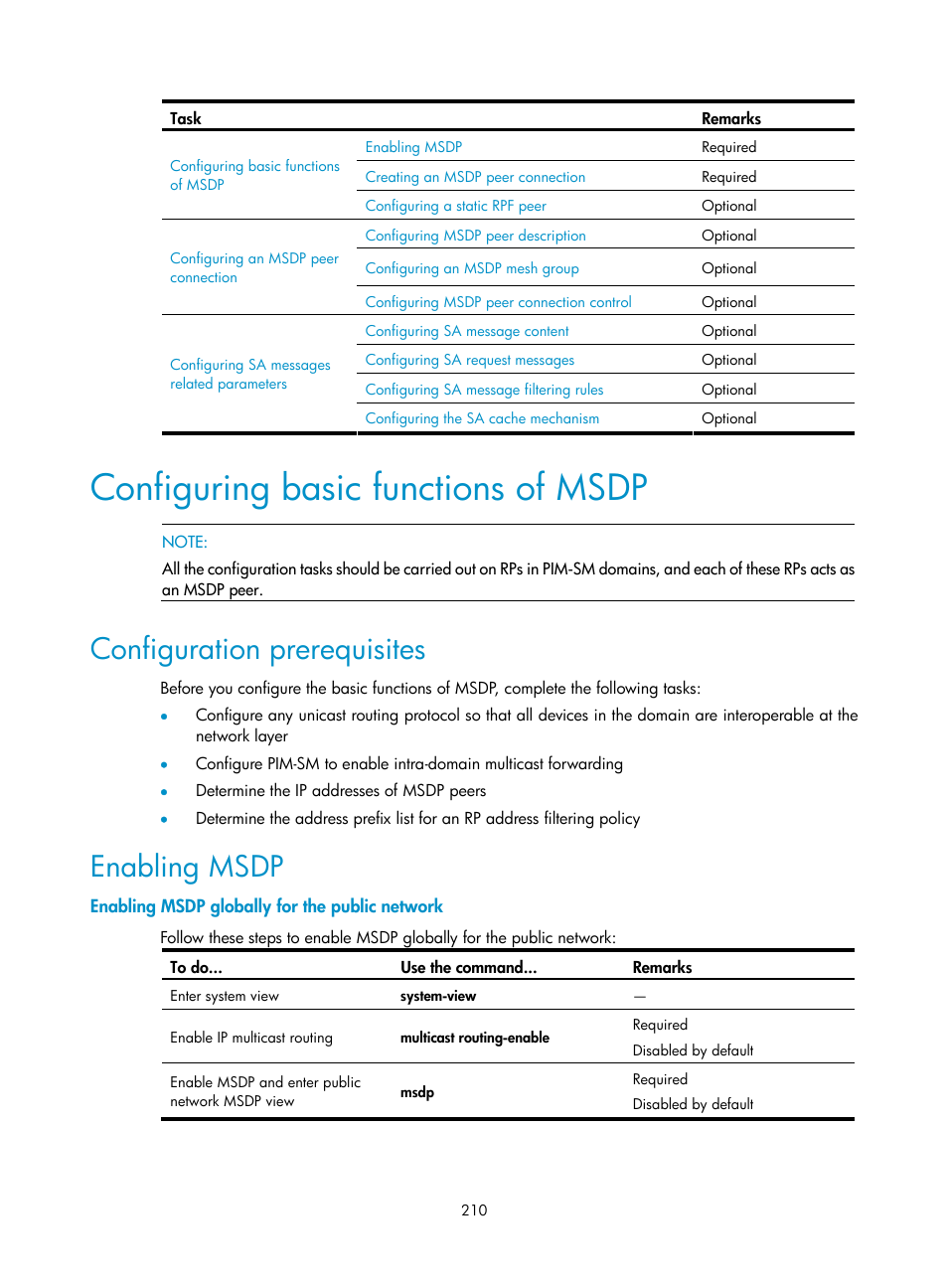 Configuring basic functions of msdp, Configuration prerequisites, Enabling msdp | Enabling msdp globally for the public network | H3C Technologies H3C S10500 Series Switches User Manual | Page 225 / 467