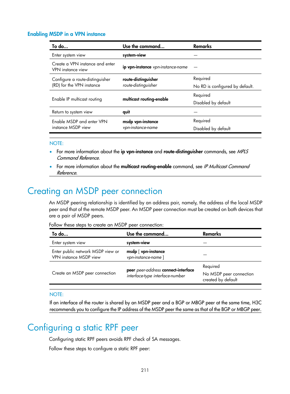 Enabling msdp in a vpn instance, Creating an msdp peer connection, Configuring a static rpf peer | H3C Technologies H3C S10500 Series Switches User Manual | Page 226 / 467