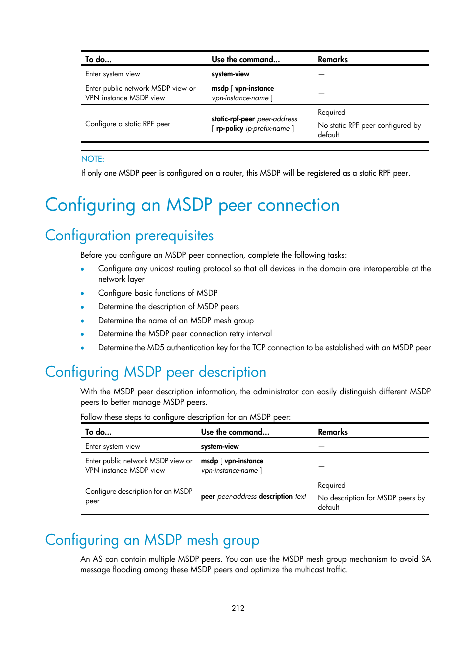 Configuring an msdp peer connection, Configuration prerequisites, Configuring msdp peer description | Configuring an msdp mesh group | H3C Technologies H3C S10500 Series Switches User Manual | Page 227 / 467