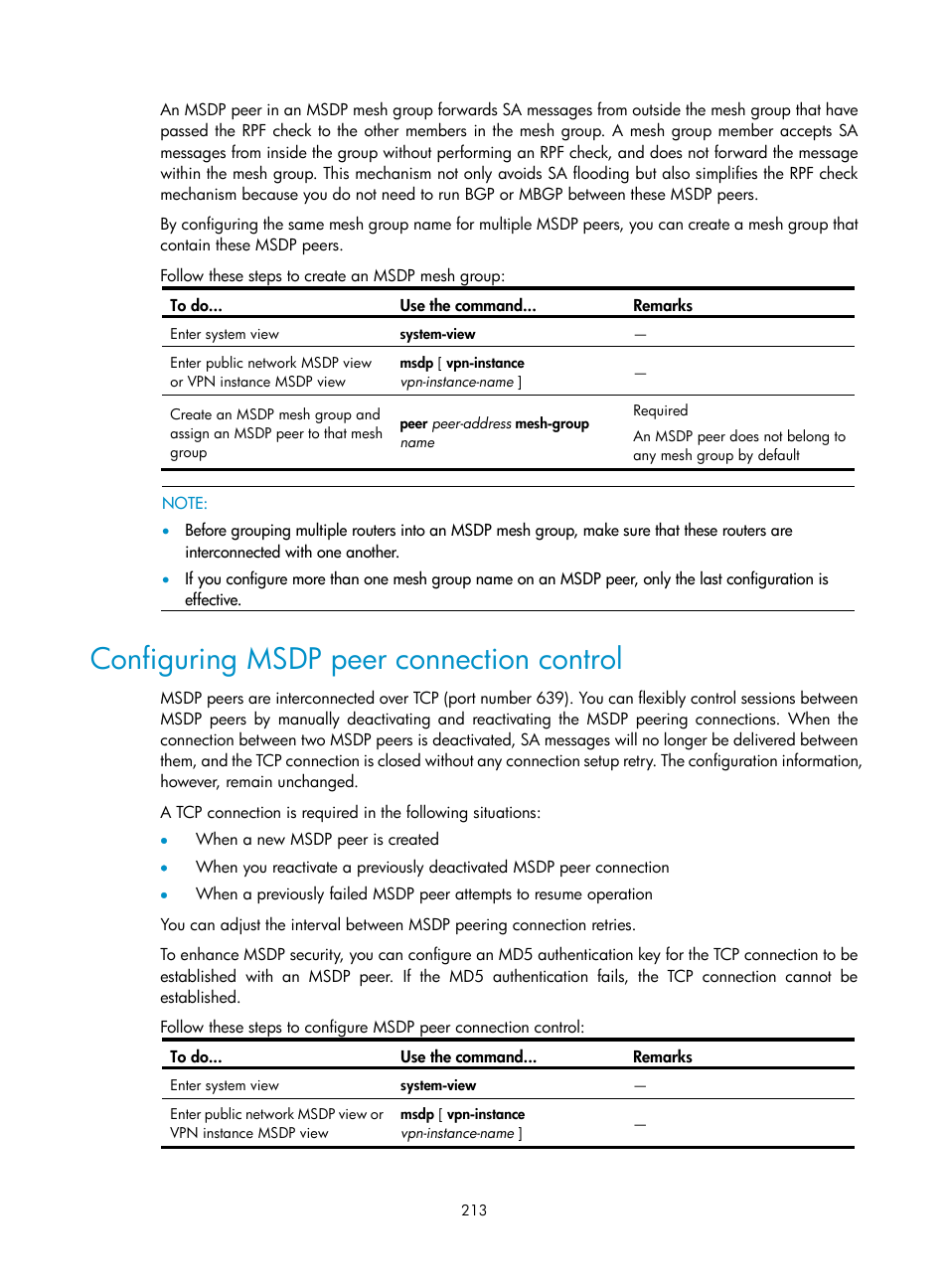 Configuring msdp peer connection control | H3C Technologies H3C S10500 Series Switches User Manual | Page 228 / 467