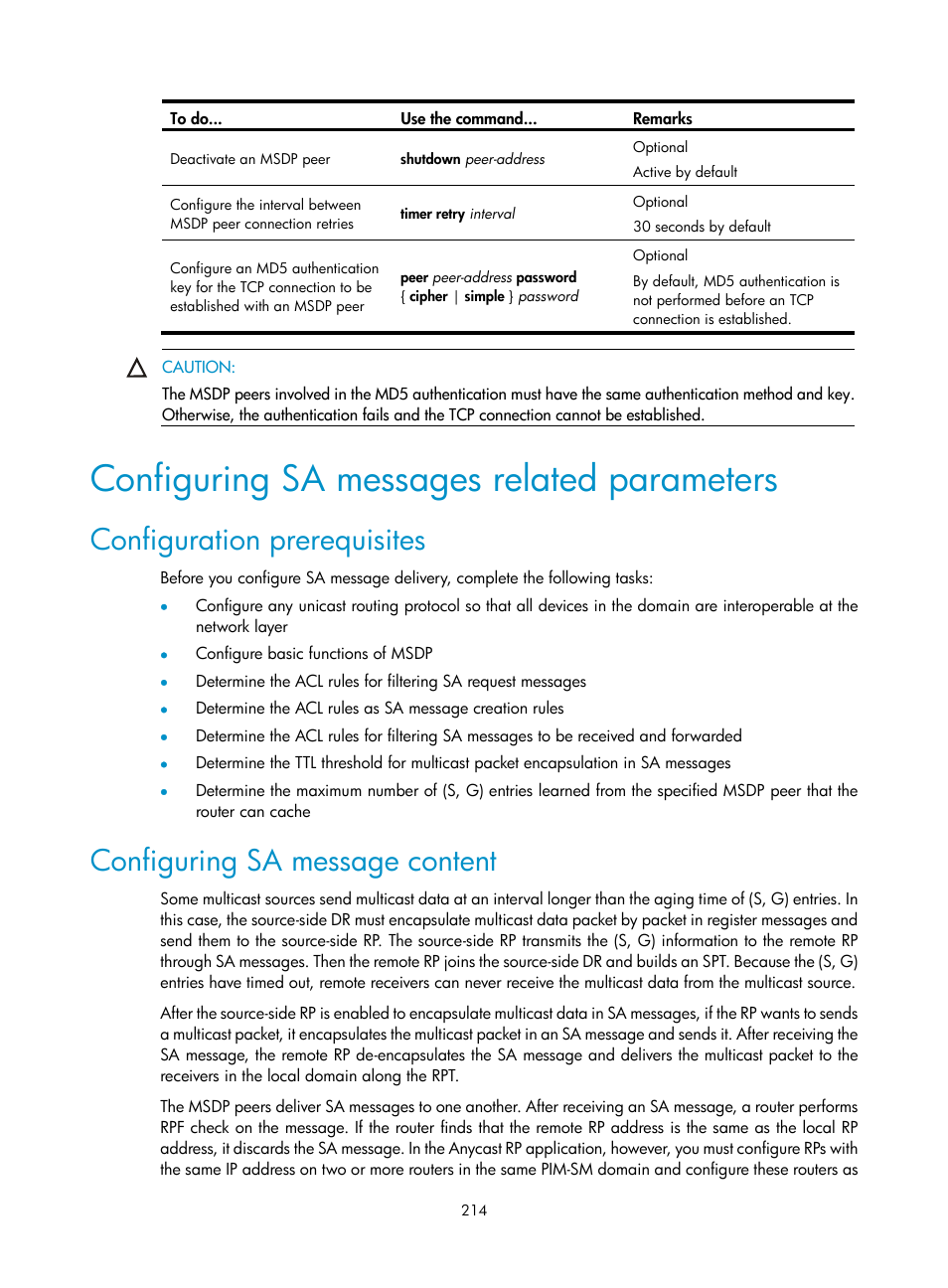 Configuring sa messages related parameters, Configuration prerequisites, Configuring sa message content | Configuring sa messages, Related parameters | H3C Technologies H3C S10500 Series Switches User Manual | Page 229 / 467