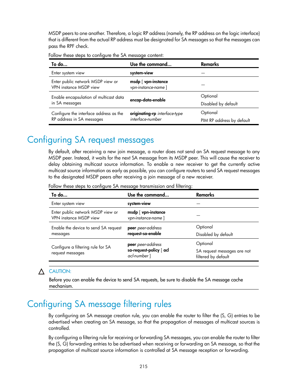 Configuring sa request messages, Configuring sa message filtering rules | H3C Technologies H3C S10500 Series Switches User Manual | Page 230 / 467