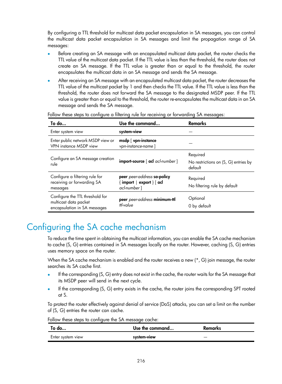Configuring the sa cache mechanism | H3C Technologies H3C S10500 Series Switches User Manual | Page 231 / 467