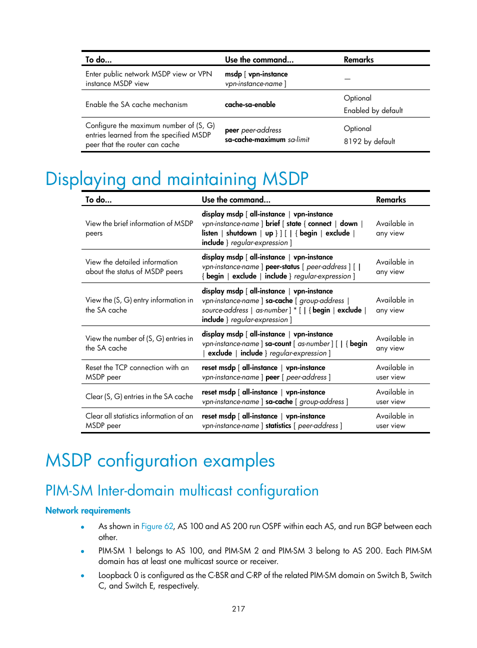 Displaying and maintaining msdp, Msdp configuration examples, Pim-sm inter-domain multicast configuration | Network requirements | H3C Technologies H3C S10500 Series Switches User Manual | Page 232 / 467