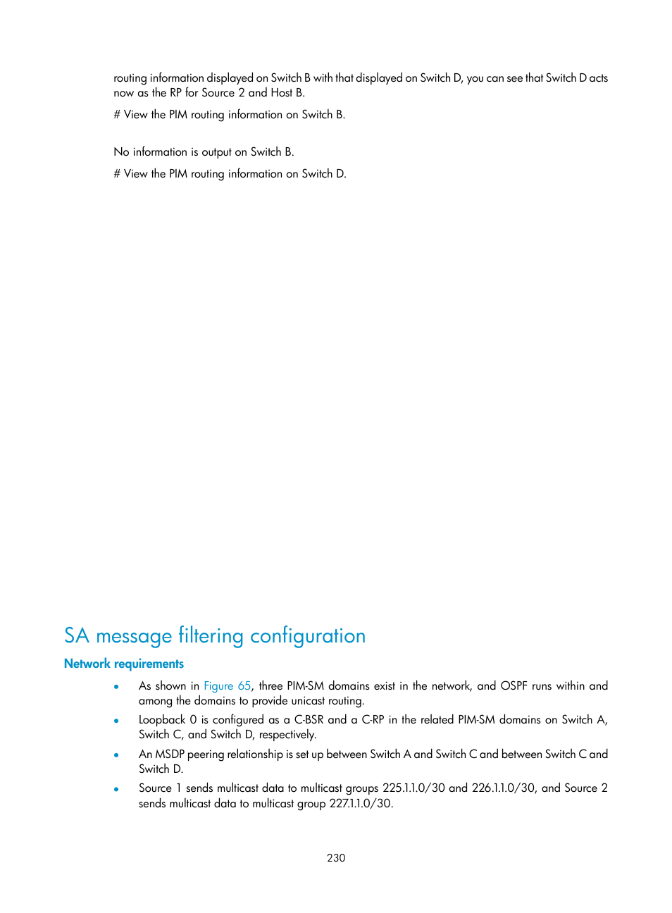 Sa message filtering configuration, Network requirements | H3C Technologies H3C S10500 Series Switches User Manual | Page 245 / 467