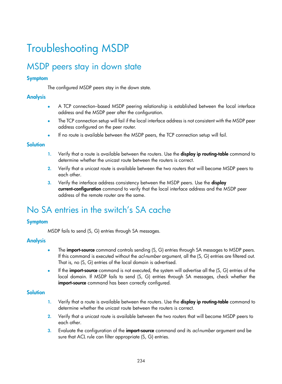 Troubleshooting msdp, Msdp peers stay in down state, Symptom | Analysis, Solution, No sa entries in the switch’s sa cache | H3C Technologies H3C S10500 Series Switches User Manual | Page 249 / 467