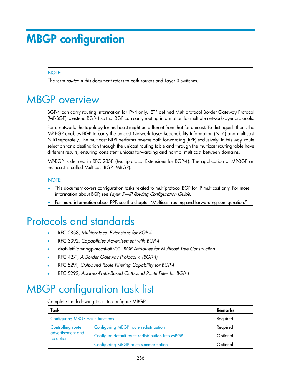 Mbgp configuration, Mbgp overview, Protocols and standards | Mbgp configuration task list | H3C Technologies H3C S10500 Series Switches User Manual | Page 251 / 467